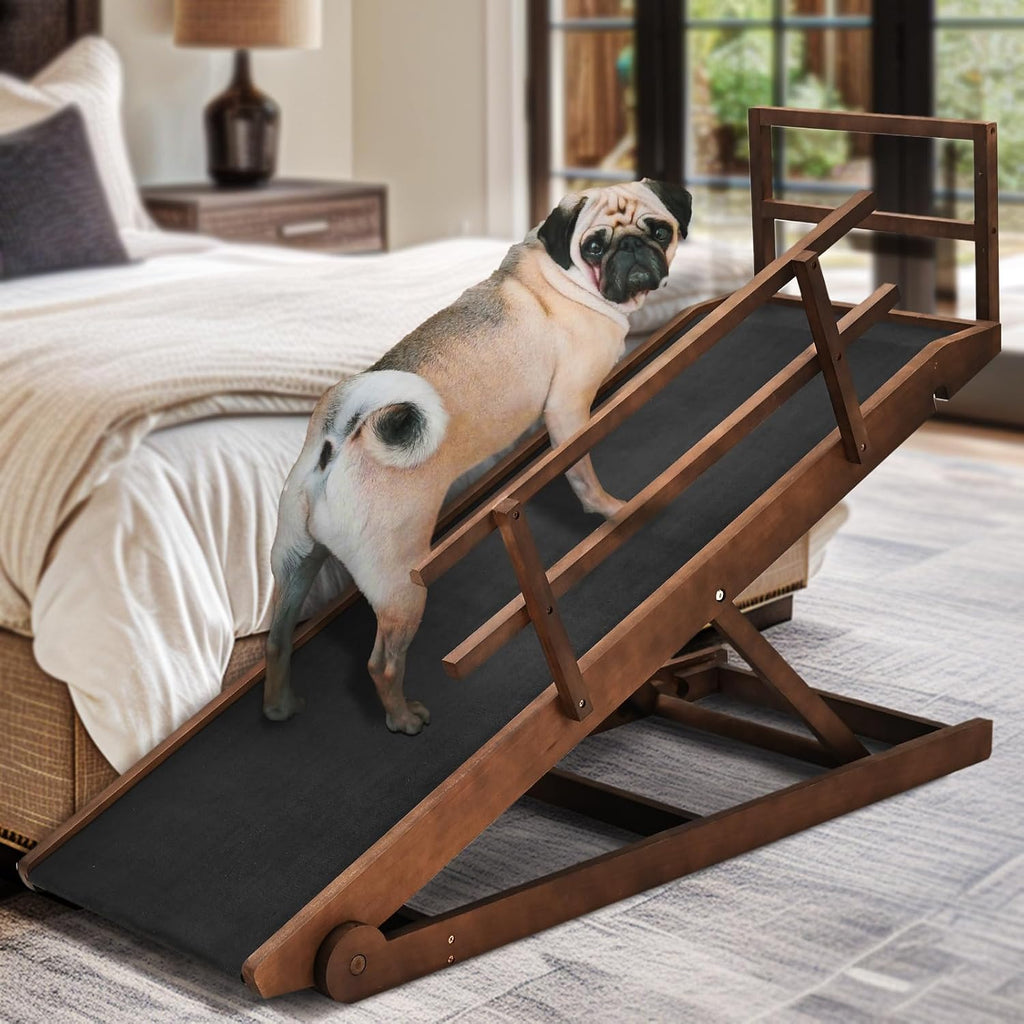 Foldable wooden dog ramp with railings leading up to a couch