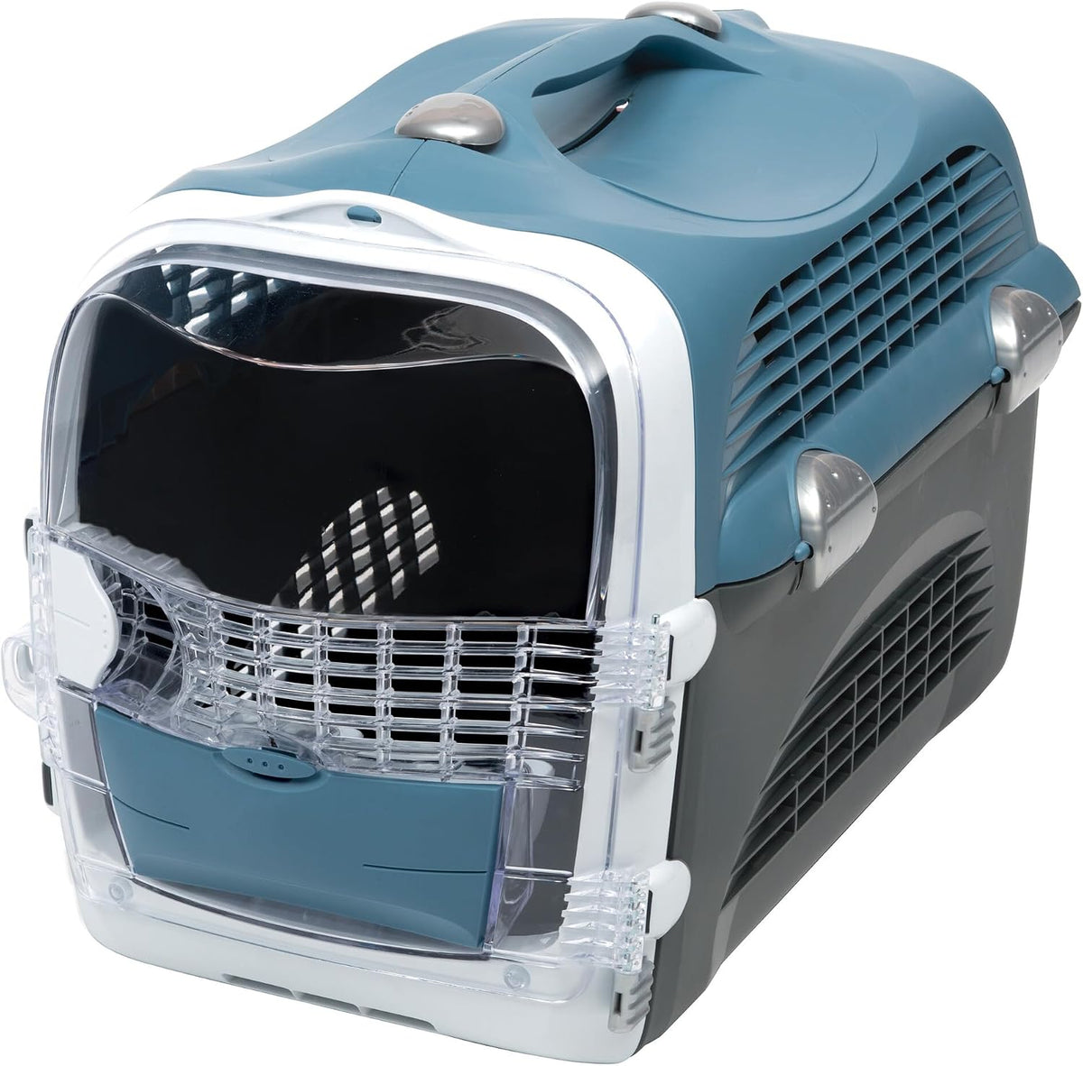 Blue-gray compact cat carrier, 20 by 13 by 13.8 inches
