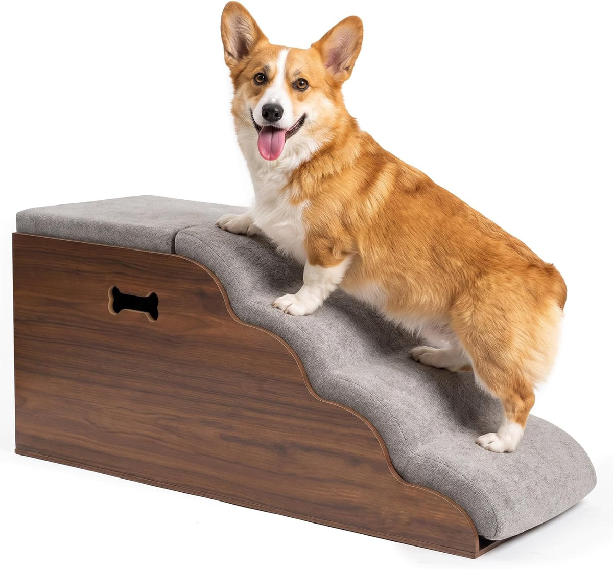 Four-step wooden dog stairs with storage compartment and grey non-slip cover
