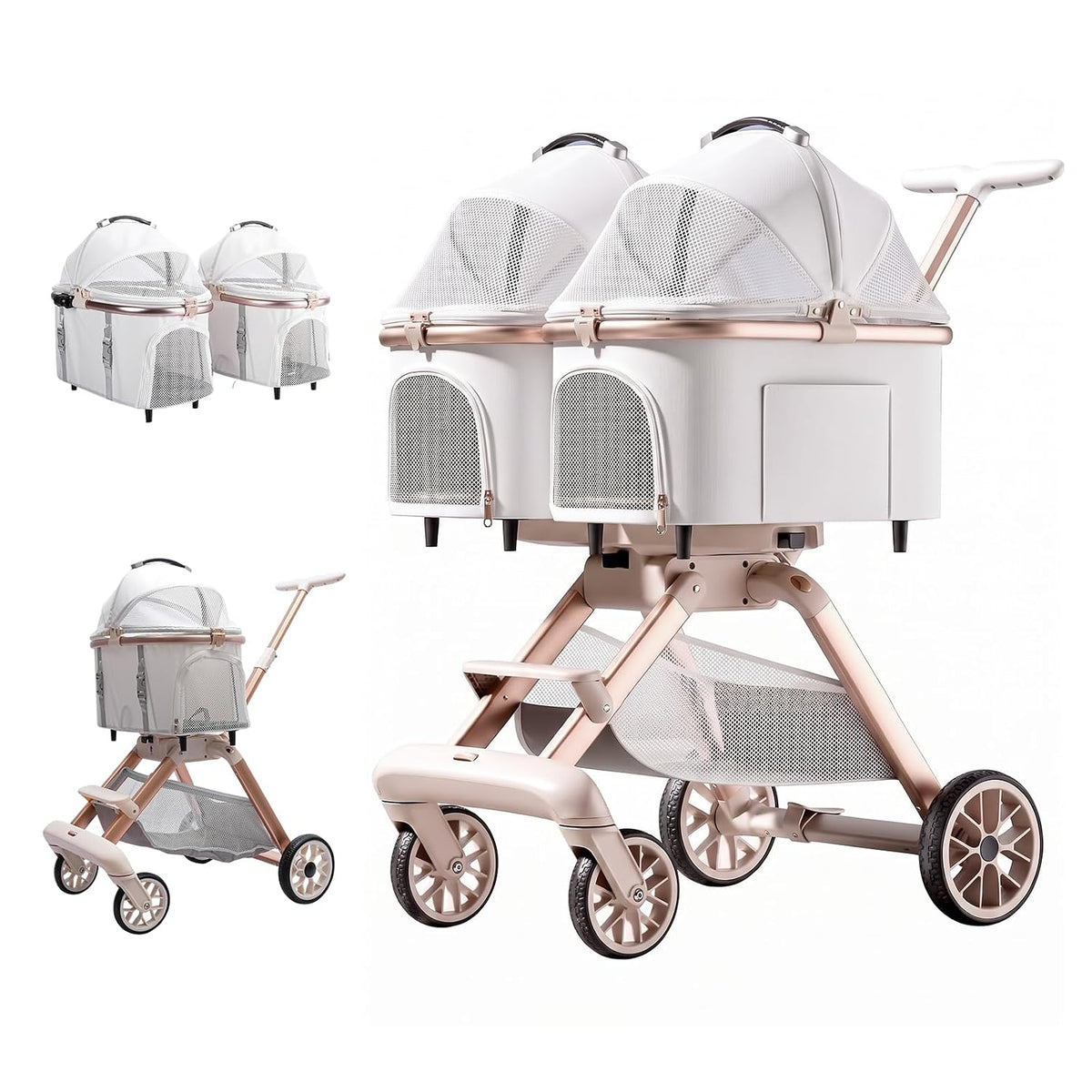 Beige double pet stroller with two detachable side-by-side carriers