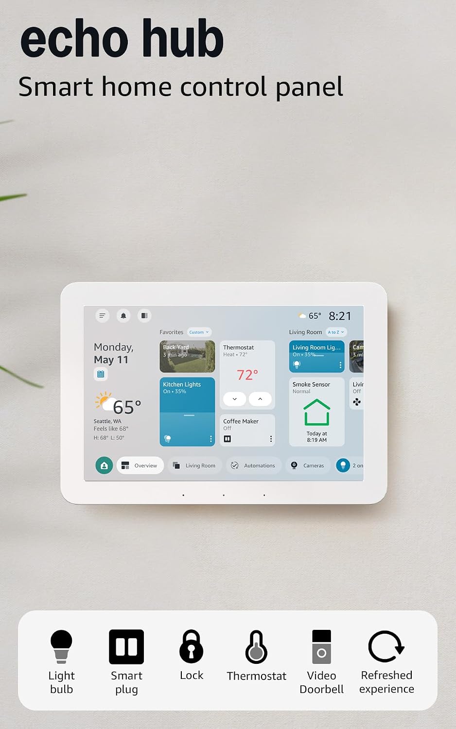 8 inch smart home control panel showing a dashboard of device tiles