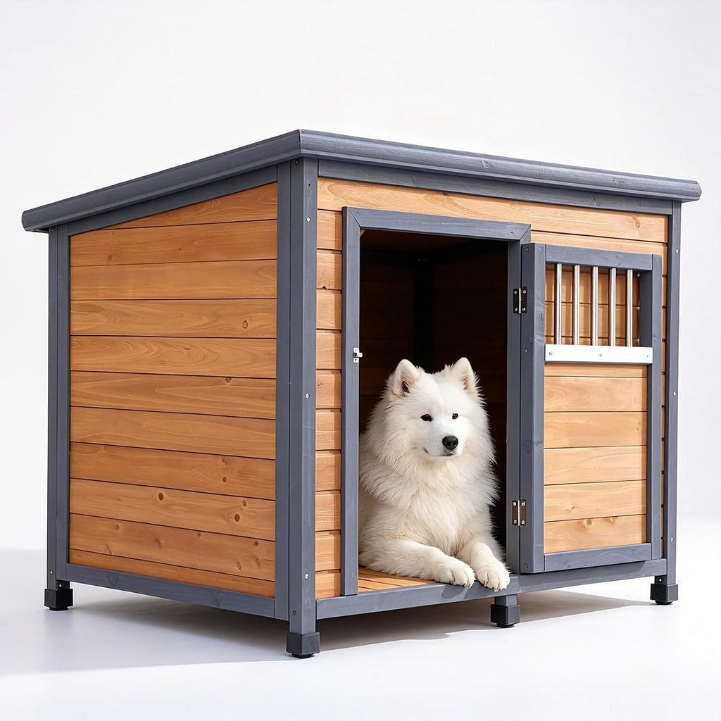 Wooden outdoor dog house with sloped asphalt roof and raised feet – view 2