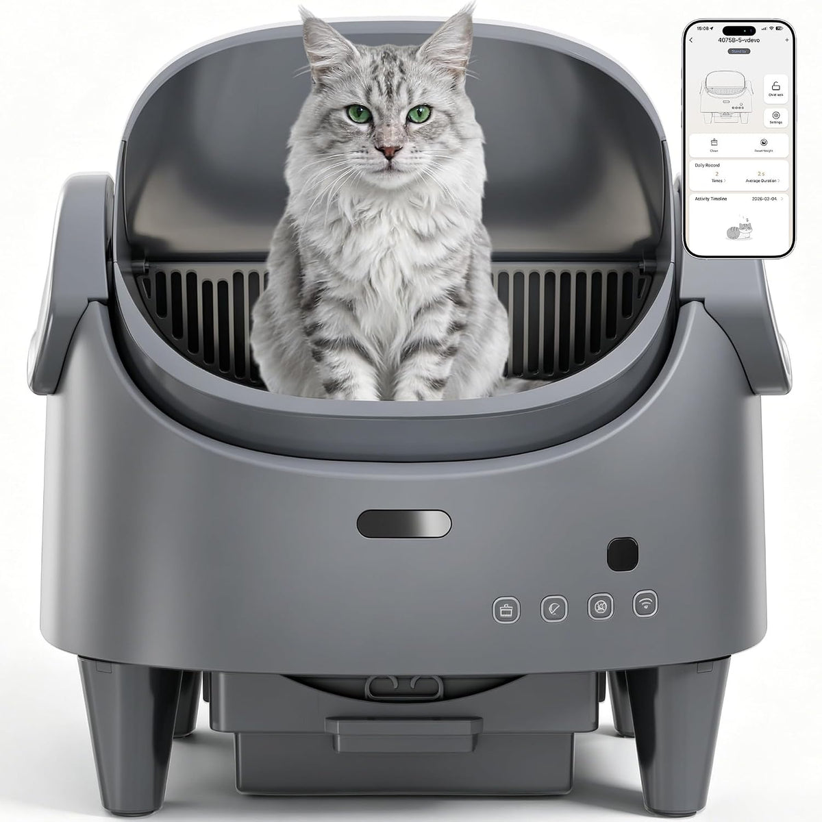 Cool grey open-top self-cleaning smart cat litter box