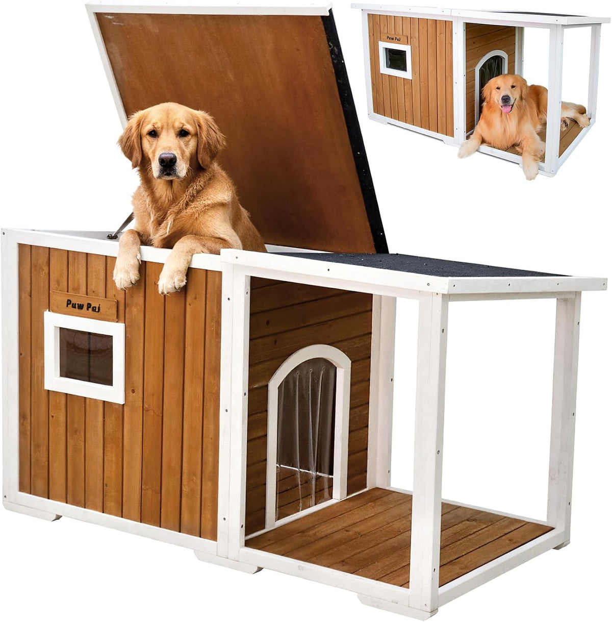 Large 59 inch insulated wooden dog house with elevated floor and open roof