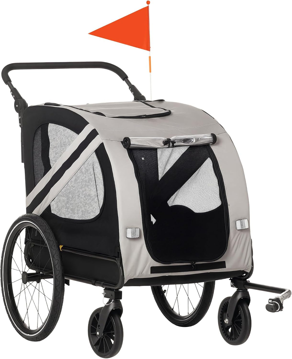 Grey 2-in-1 dog bike trailer with flag attached to a bicycle