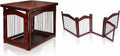 Brown wooden dog crate furniture that converts into a gate
