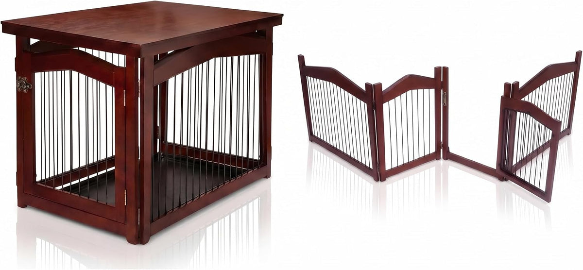 Brown wooden dog crate furniture that converts into a gate