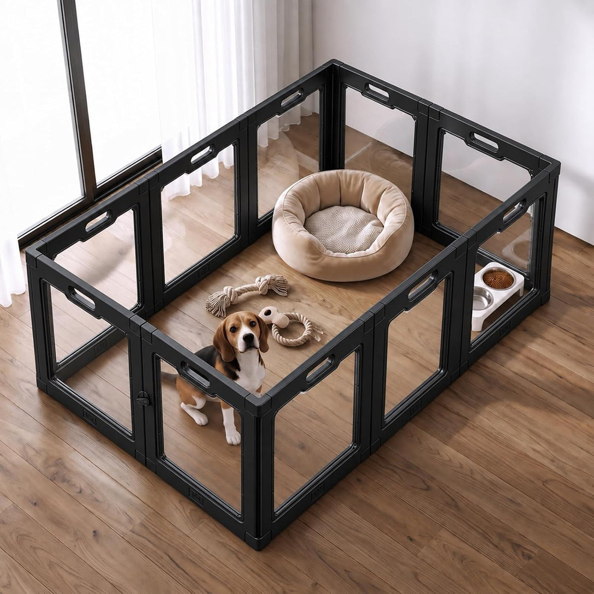 Black-framed clear acrylic 12-panel pet playpen with door – view 3