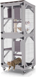 Walk-in outdoor catio on wheels with multiple levels and waterproof roof