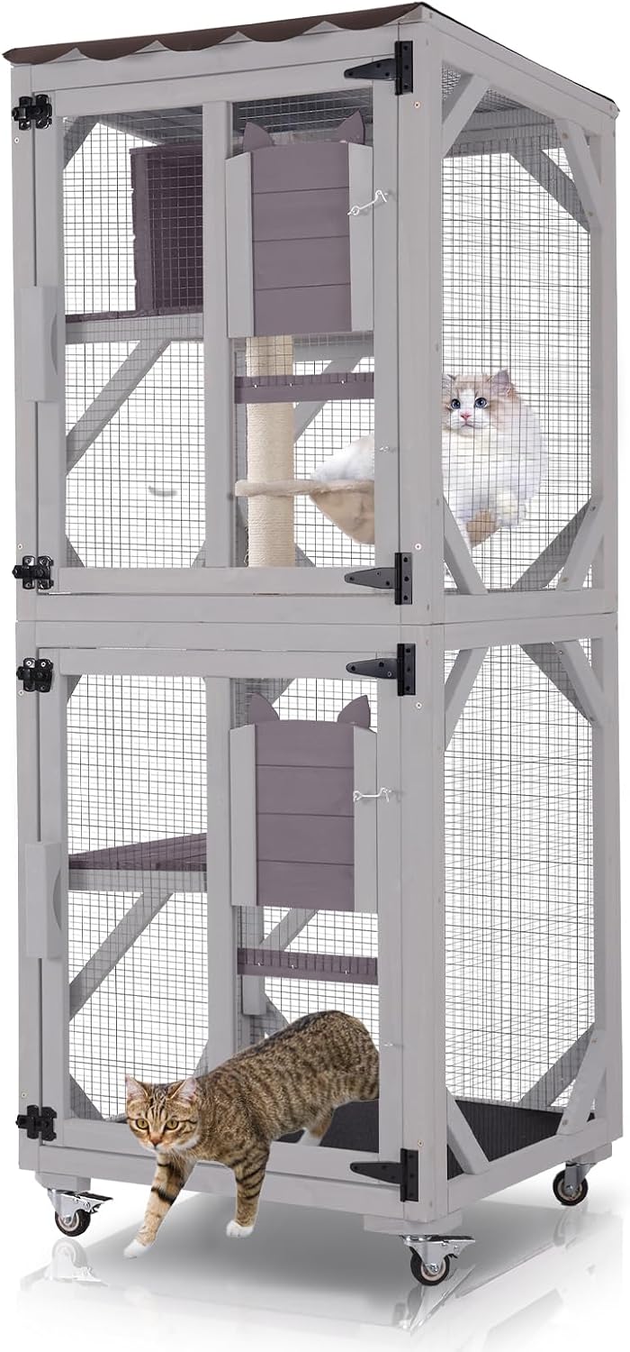 Walk-in outdoor catio on wheels with multiple levels and waterproof roof