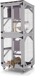 Outdoor Catio Cat Enclosure, 62.5 Inch Large Walk-In Cage on Wheels with Scratching Post, PVC Layer and Waterproof Roof