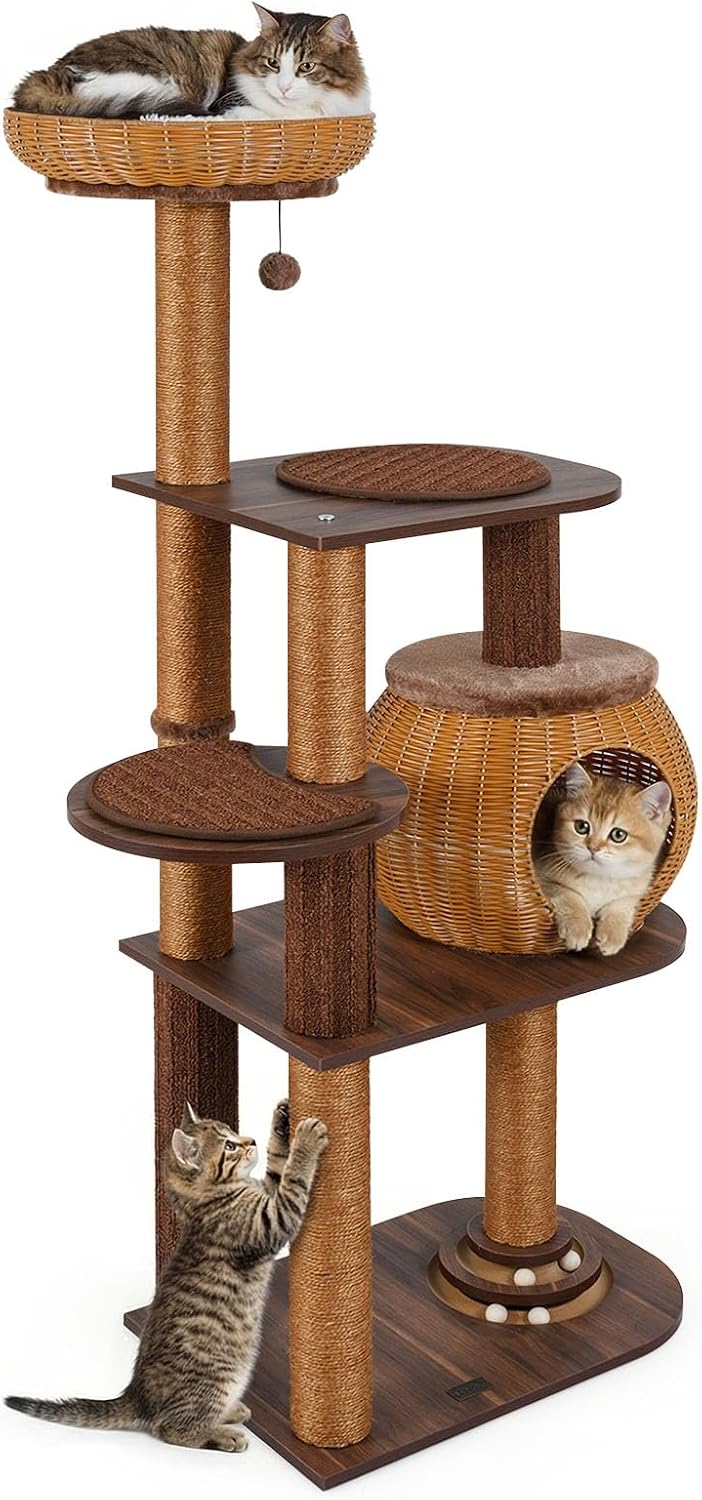 Modern wooden cat tree with rattan baskets and multiple levels