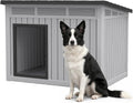 Grey weatherproof dog house with lift-up roof for medium and large dogs