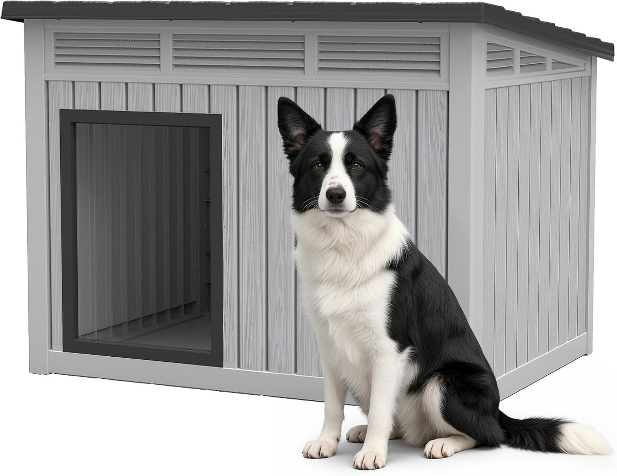 Grey weatherproof dog house with lift-up roof for medium and large dogs