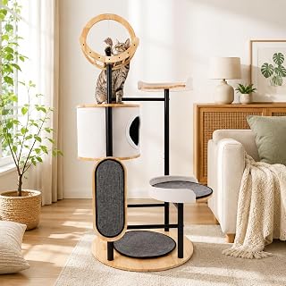 66-Inch Multi-Level Cat Tree Tower with Rubberwood Base and Carbon Steel Frame, Top Perch, Cozy Bed, Scratching Board