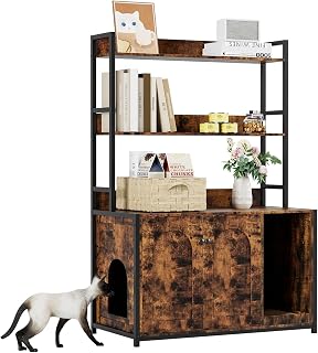 52 Inch Cat Litter Box Enclosure with 2 Storage Shelves and Doors, Wooden, Scratch Pad Included, Brown
