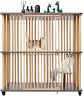 Gray oversized solid wood two-level cat house on wheels