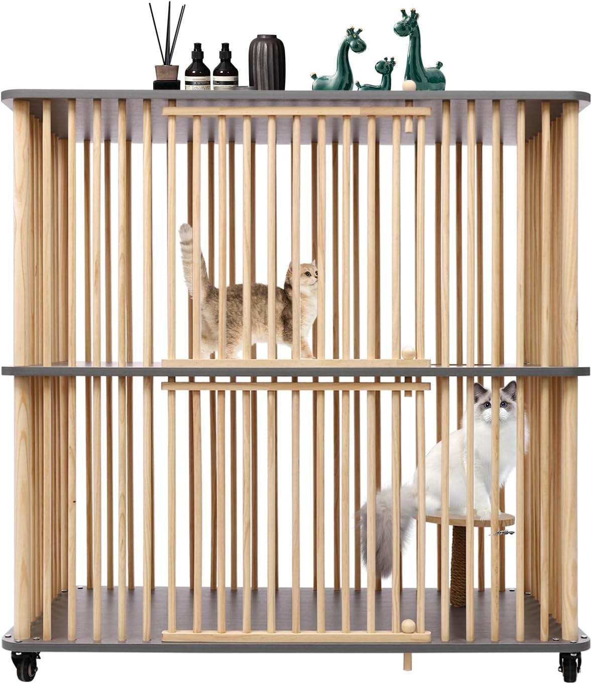 Gray oversized solid wood two-level cat house on wheels