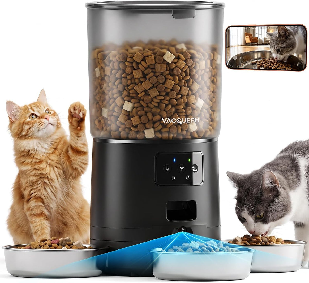 Black automatic cat feeder with rotating camera