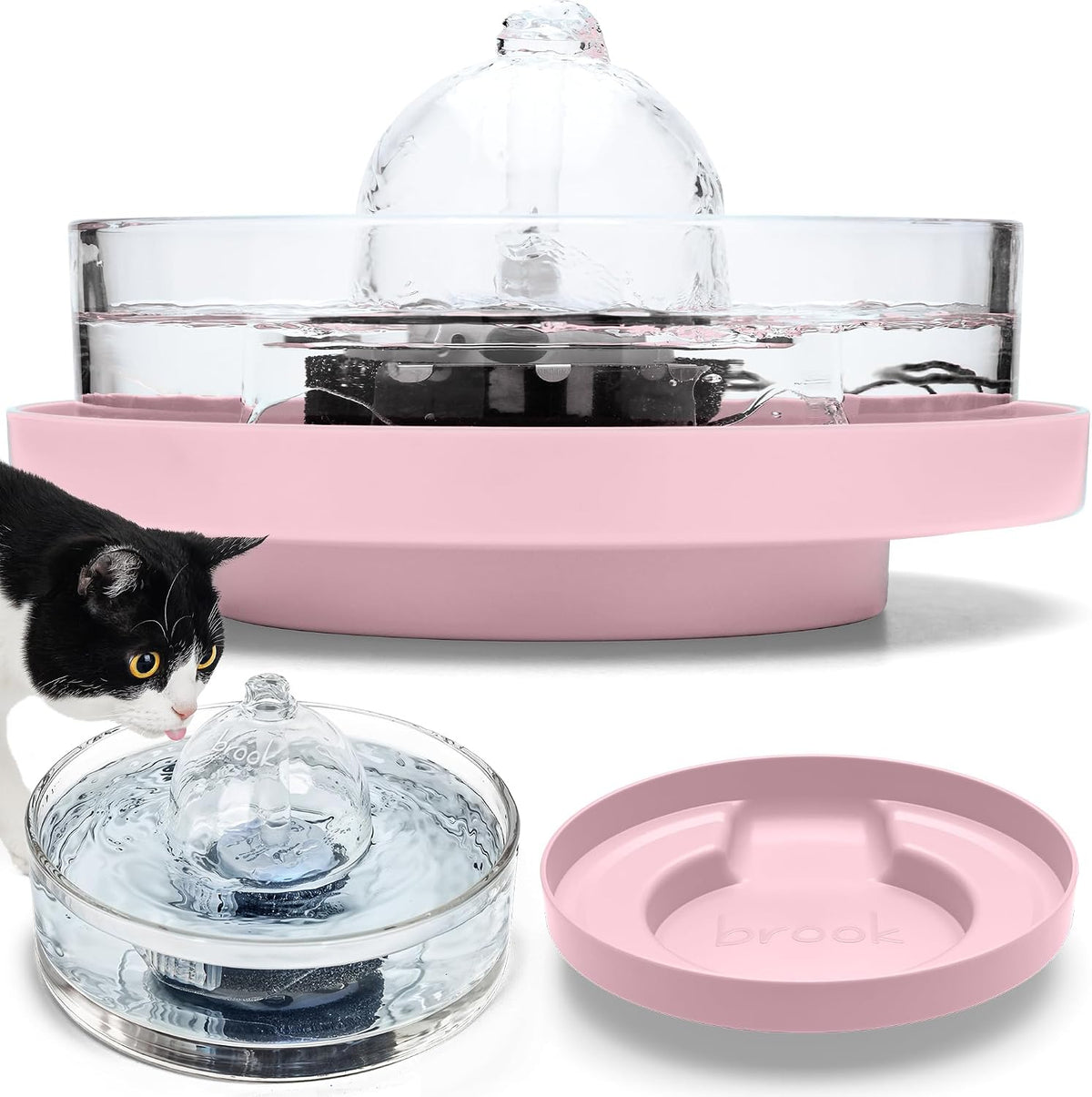 Glass cat water fountain on a pink raised stand