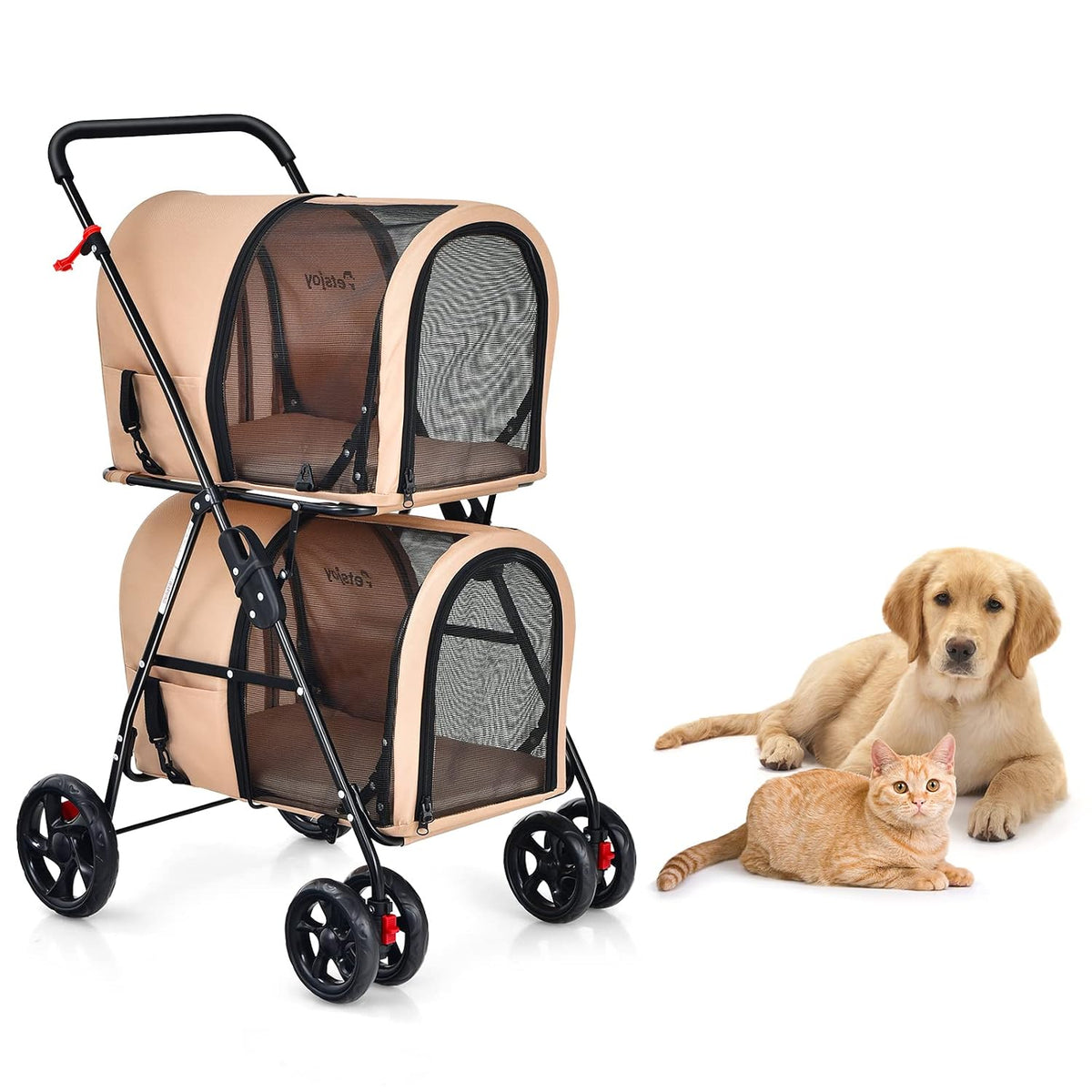 Grey foldable double pet stroller with detachable carrier on wheels – view 3