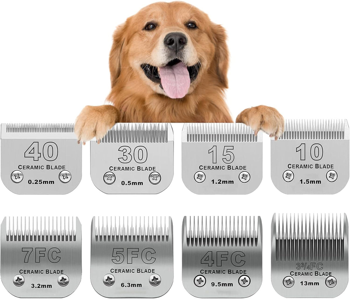 Set of eight ceramic dog clipper blades labeled by size