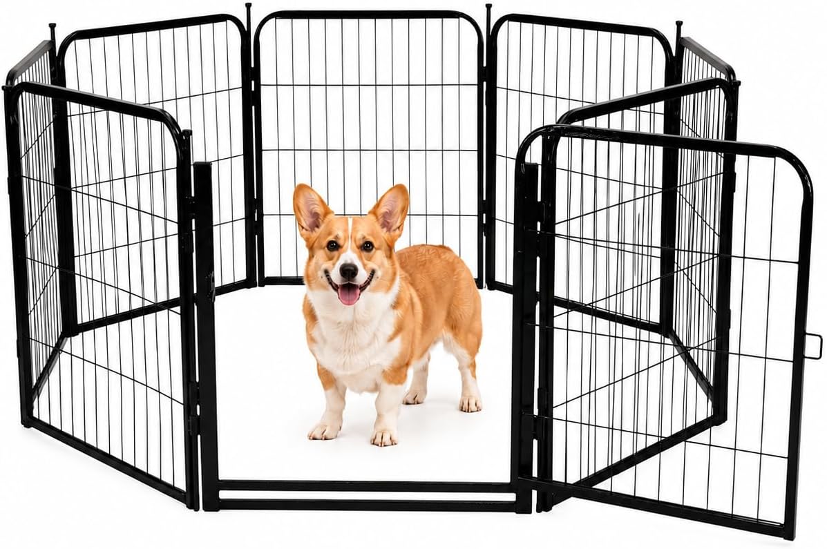 Black 32 inch metal dog play pen with anti-slip feet in a garage – view 4
