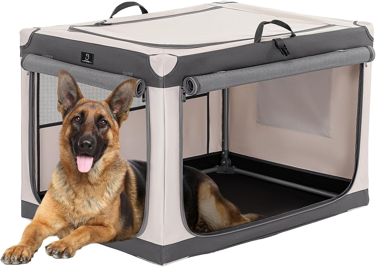 Foldable soft-sided dog crate with mesh panels and waterproof base