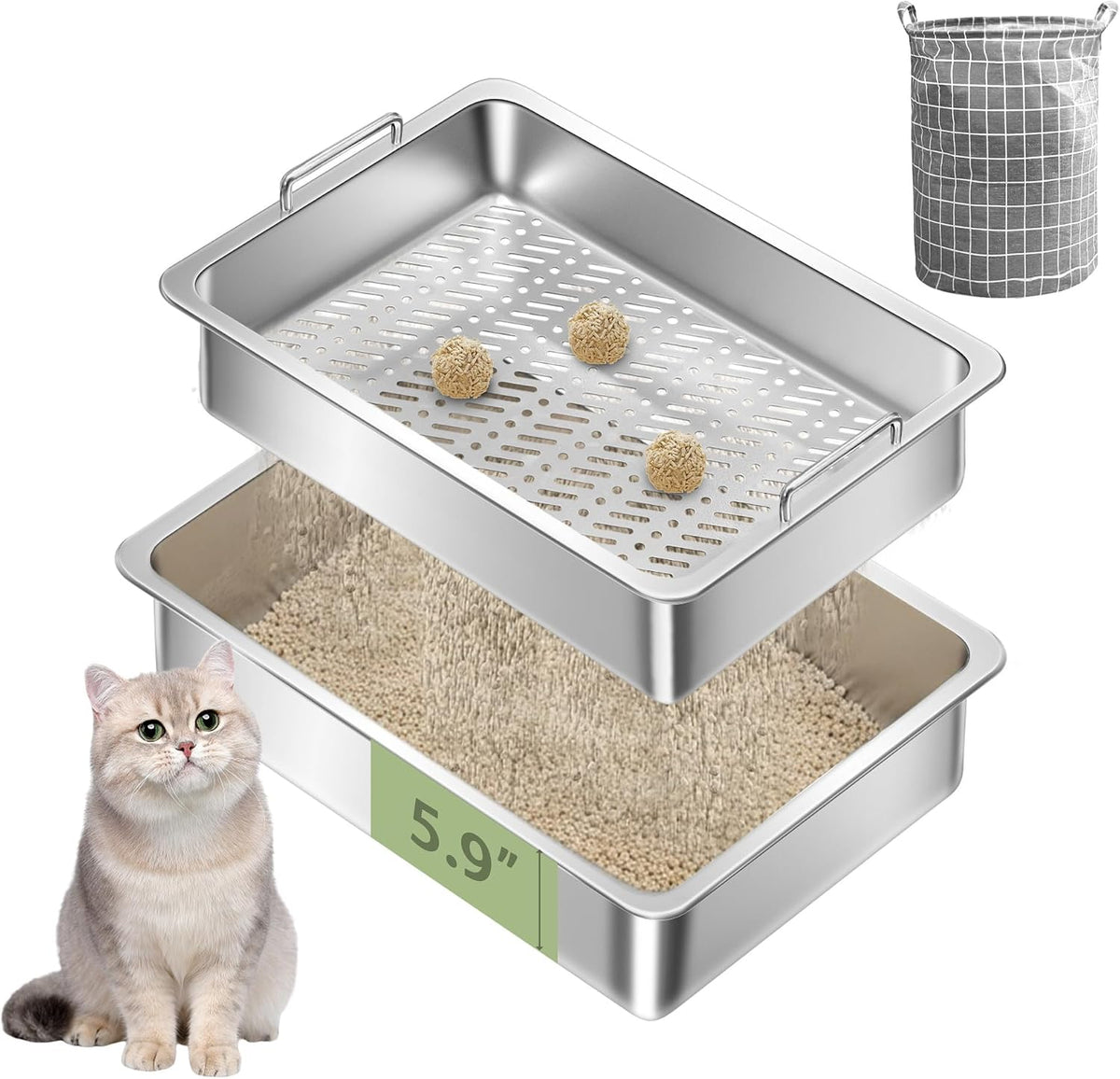 Stainless steel sifting litter pan set with handles, tray and litter bag – view 2