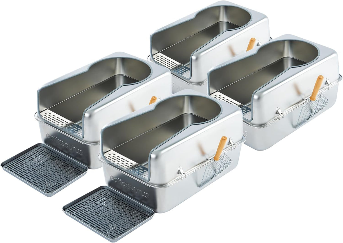 Four high-sided stainless steel cat litter boxes with scoop