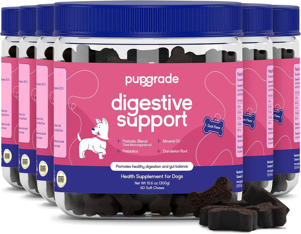 Jar of duck-flavored prebiotic and probiotic soft chews for dogs