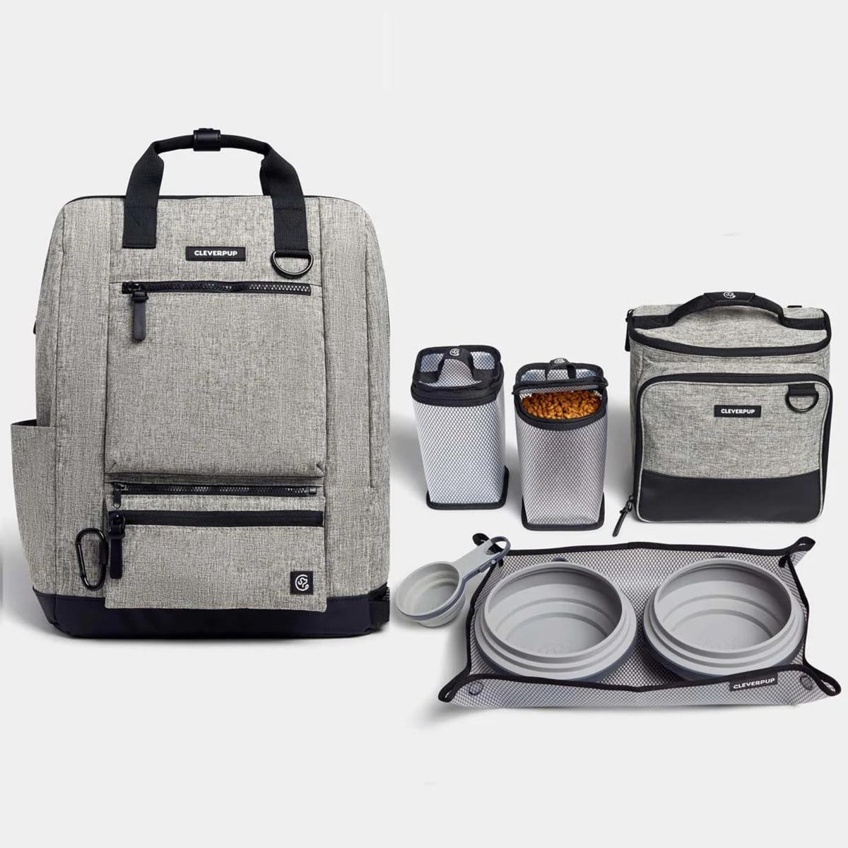 Heather grey dog gear backpack bundled with a large dog food travel kit