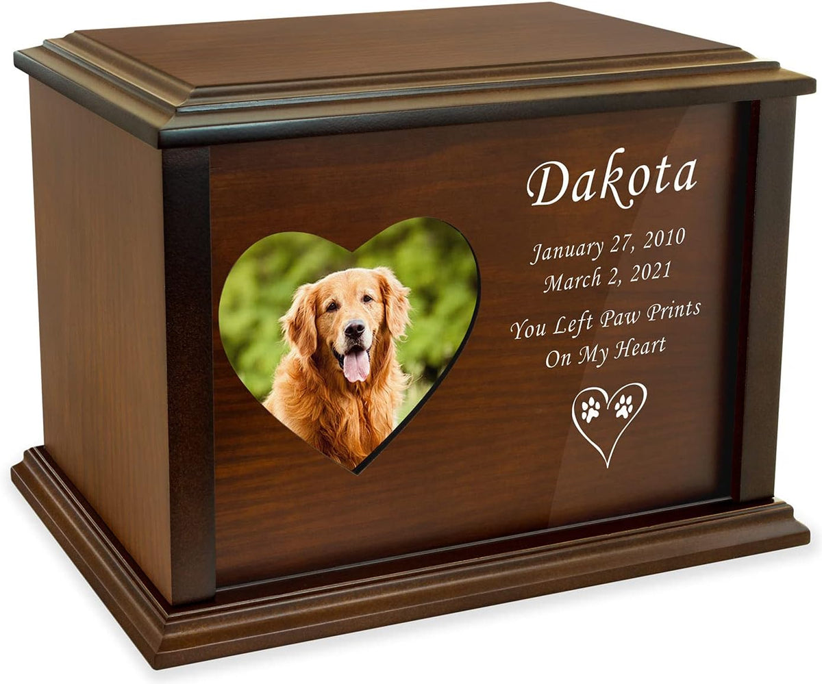 Wooden pet cremation urn with heart shaped photo frame