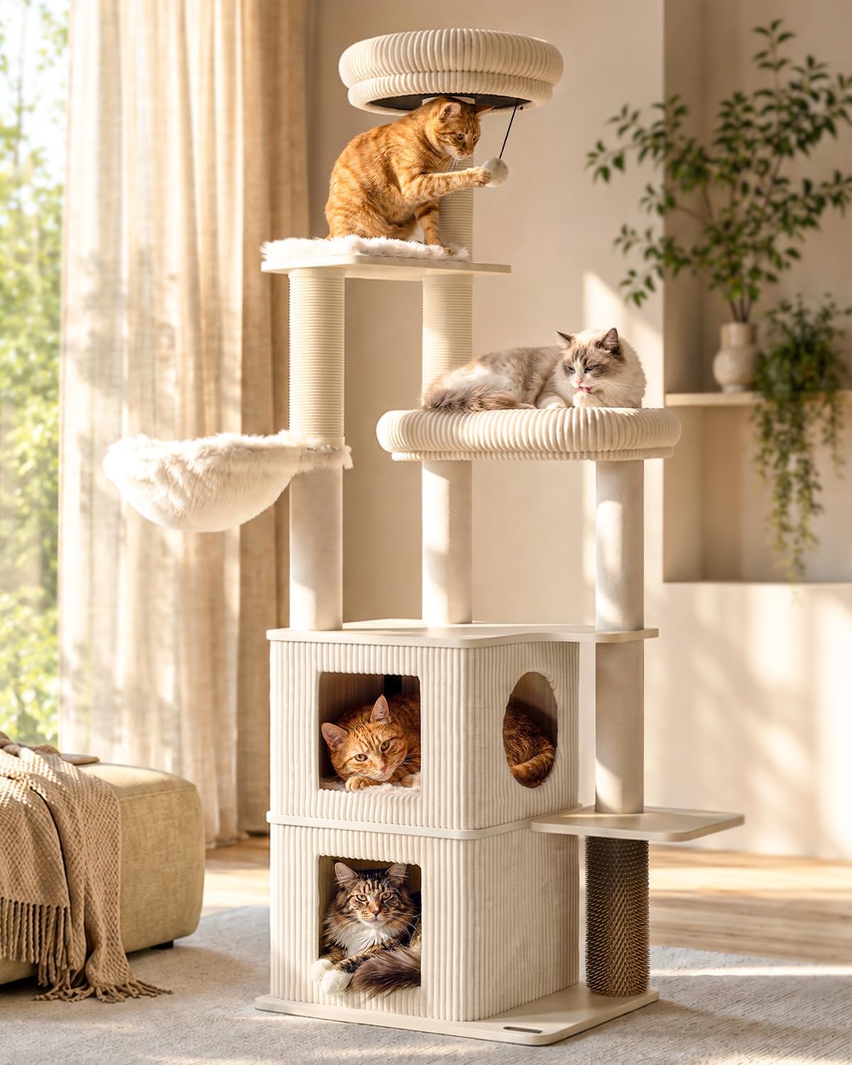 Modern wood cat tree tower with sisal scratching posts