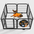 Black metal 16-panel dog playpen with door staked in a yard – view 5