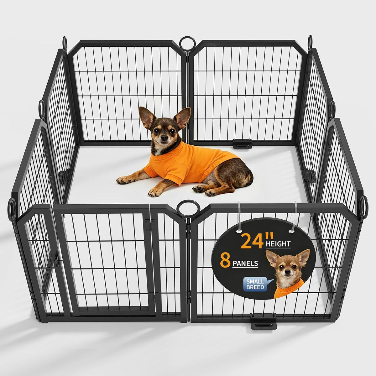 Black metal 16-panel dog playpen with door staked in a yard – view 5