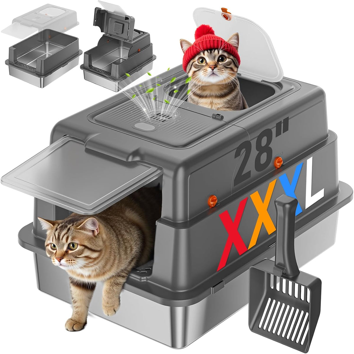 Dark gray enclosed stainless steel litter box with lid and scoop