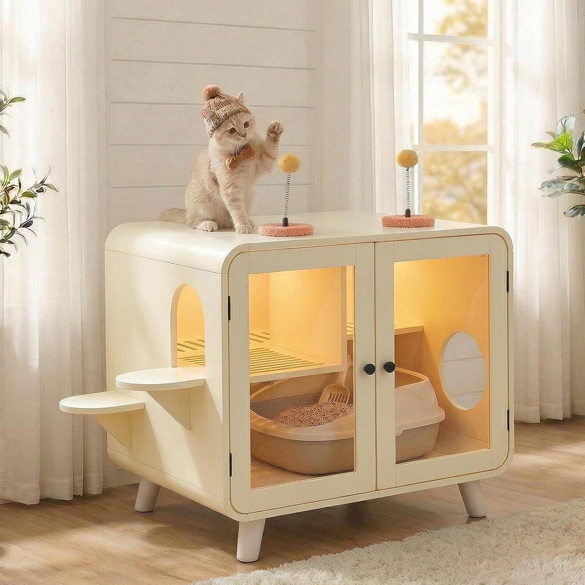 Black litter box cabinet side table with acrylic door, drawer and stairs – view 2