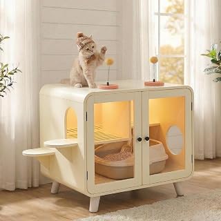 Hidden Cat Litter Box Enclosure with RGB LED Light, Stairs, Pom-Pom Toys and Glass Doors, Style 5, Beige