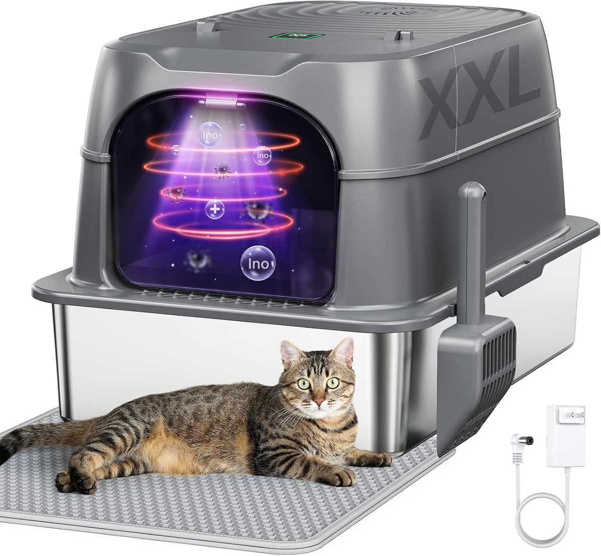 Gray enclosed stainless steel litter box with lid