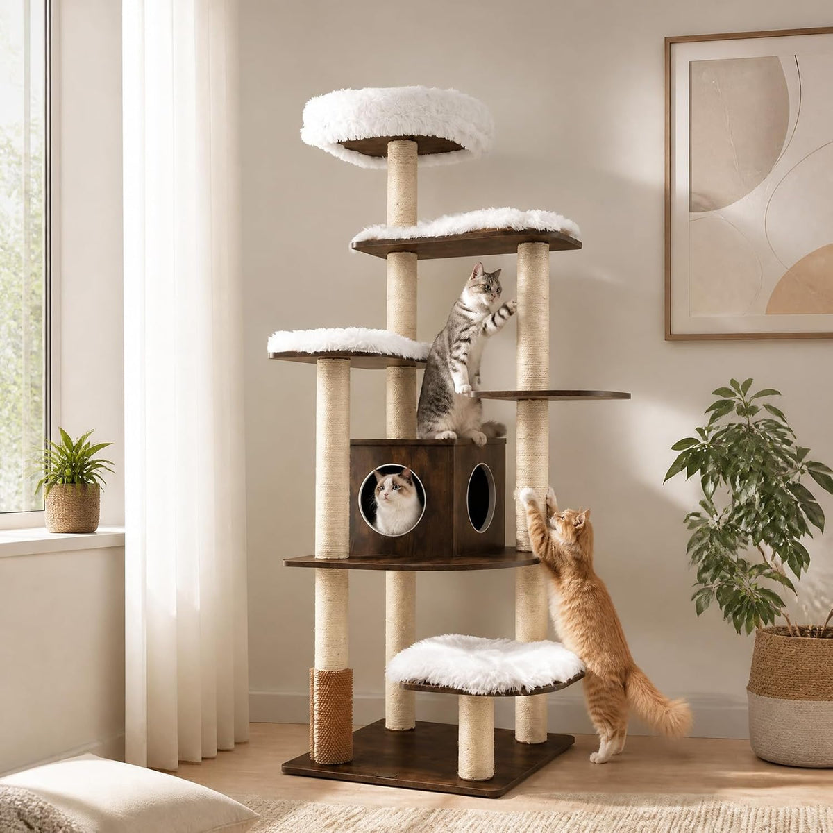 69 inch tall modern wooden cat tree with dual-entry condo and padded platforms – view 2