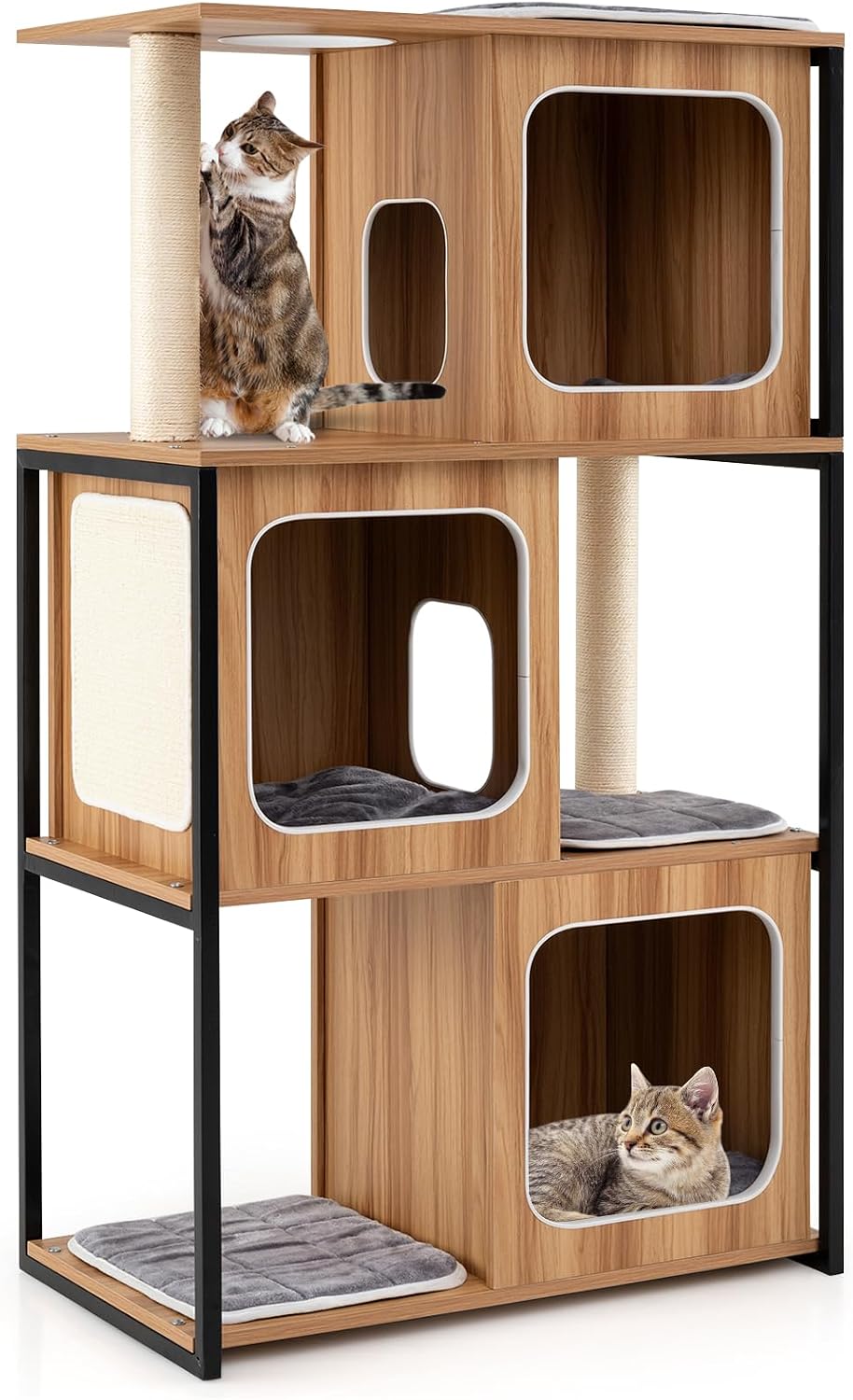 52 inch metal-framed wooden cat tree with three condos and sisal posts