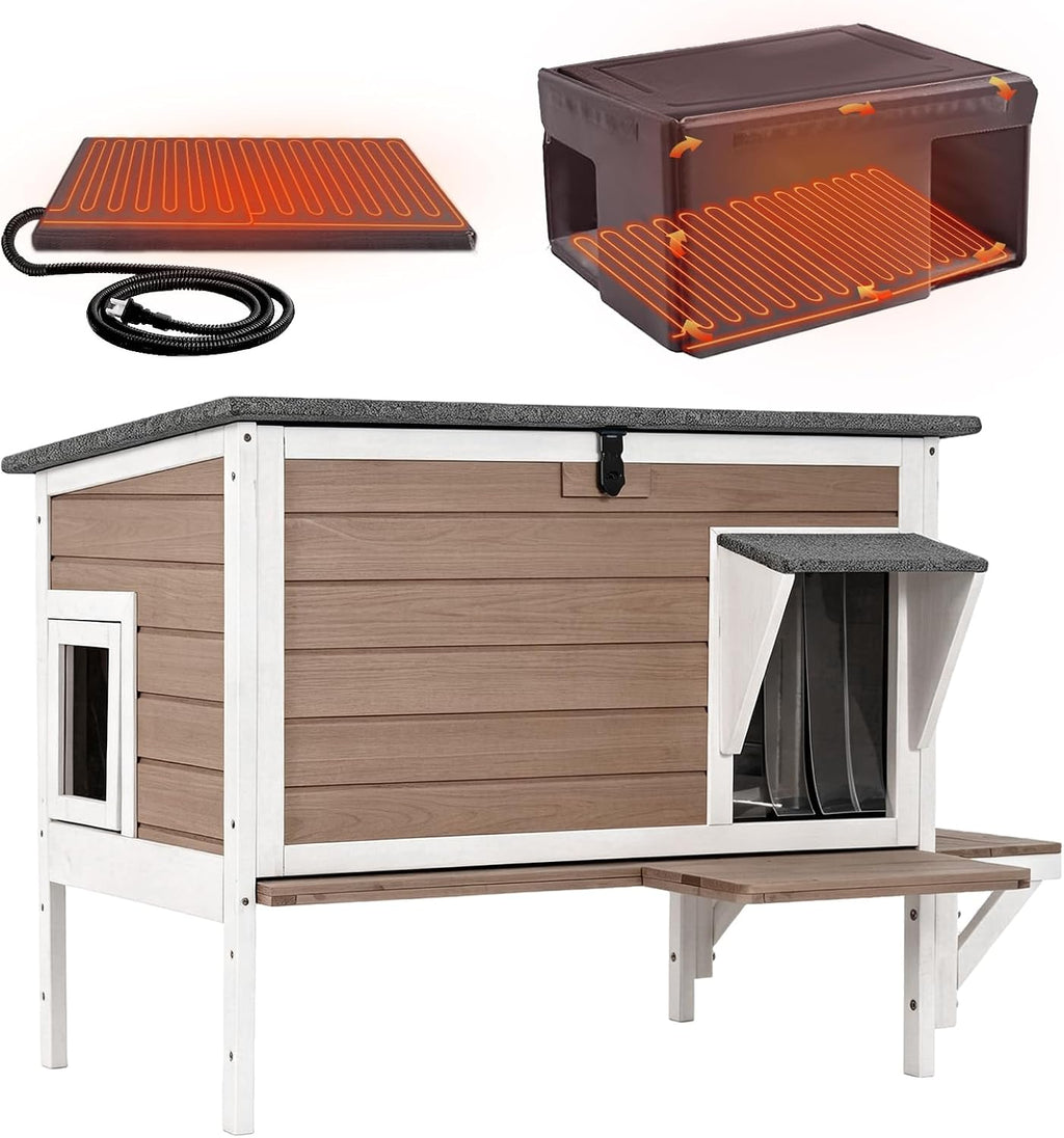 Large insulated heated outdoor cat house with liner and side escape door