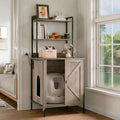 Tall grey cabinet enclosure for an automatic litter box with charging station