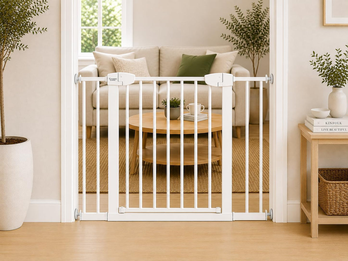 Black 36 inch pressure-mounted pet gate with walk-through door in a hallway – view 3