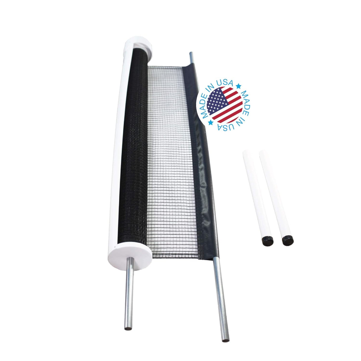 Black retractable driveway guard net stretched between two posts – view 2