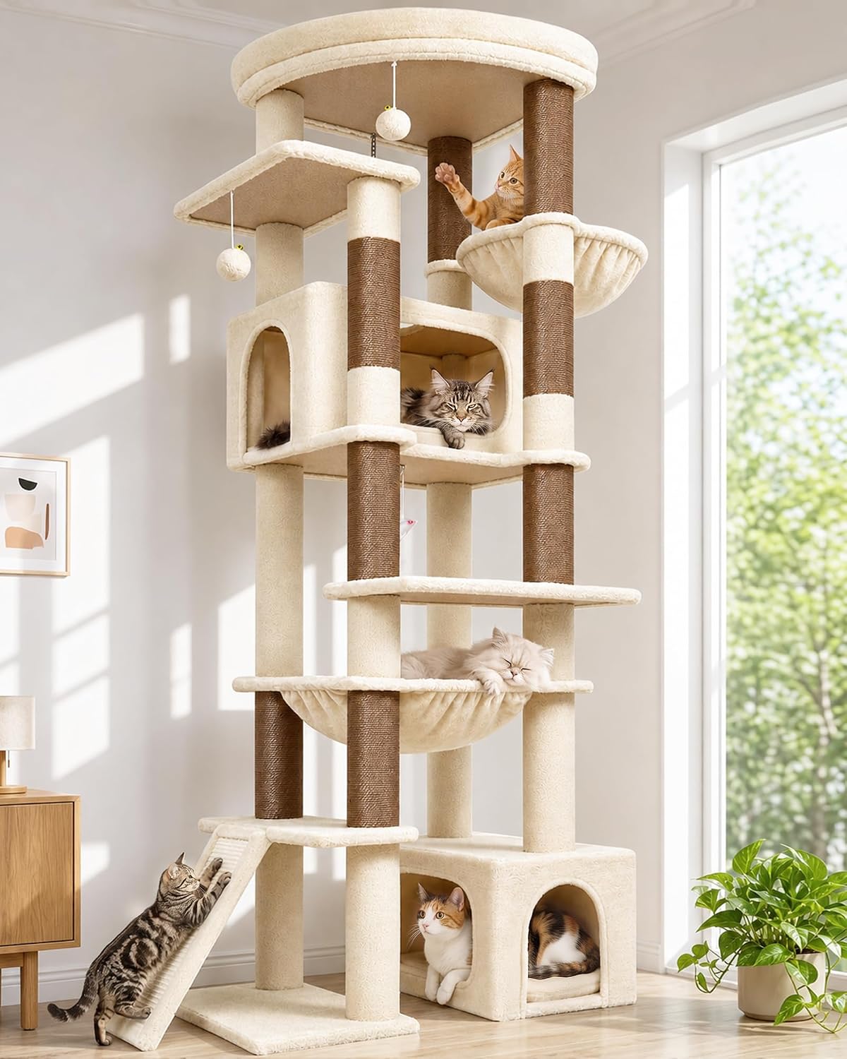 76 inch beige cat tree with large top perch, two condos, hanging basket and hammock