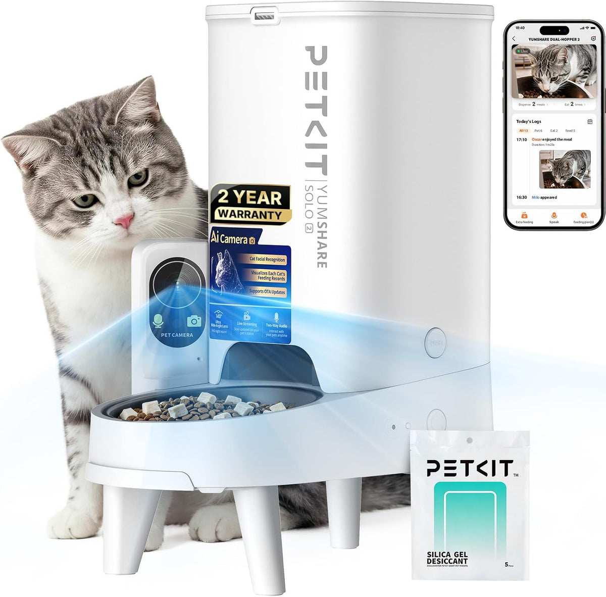 White single hopper cat feeder with recognition camera
