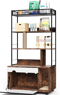2-in-1 Hidden Litter Box Furniture with Storage Shelf, Wooden Cat House Enclosure with Scratching Pad and Doors