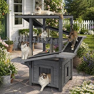 4-Tier Outdoor Cat House, Weatherproof Wooden Cat Condo 45.47 Inch with Balcony, Ramps, Doors and Waterproof Roof, Gray